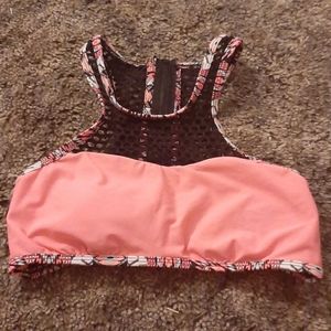 Zip-up Pink and Black halter Bikini Top